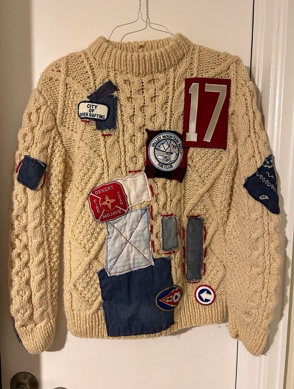 RILEY Vintage 1/1 Patchwork Cable Knit Sweater Unisex MADE IN USA Heavyweight S